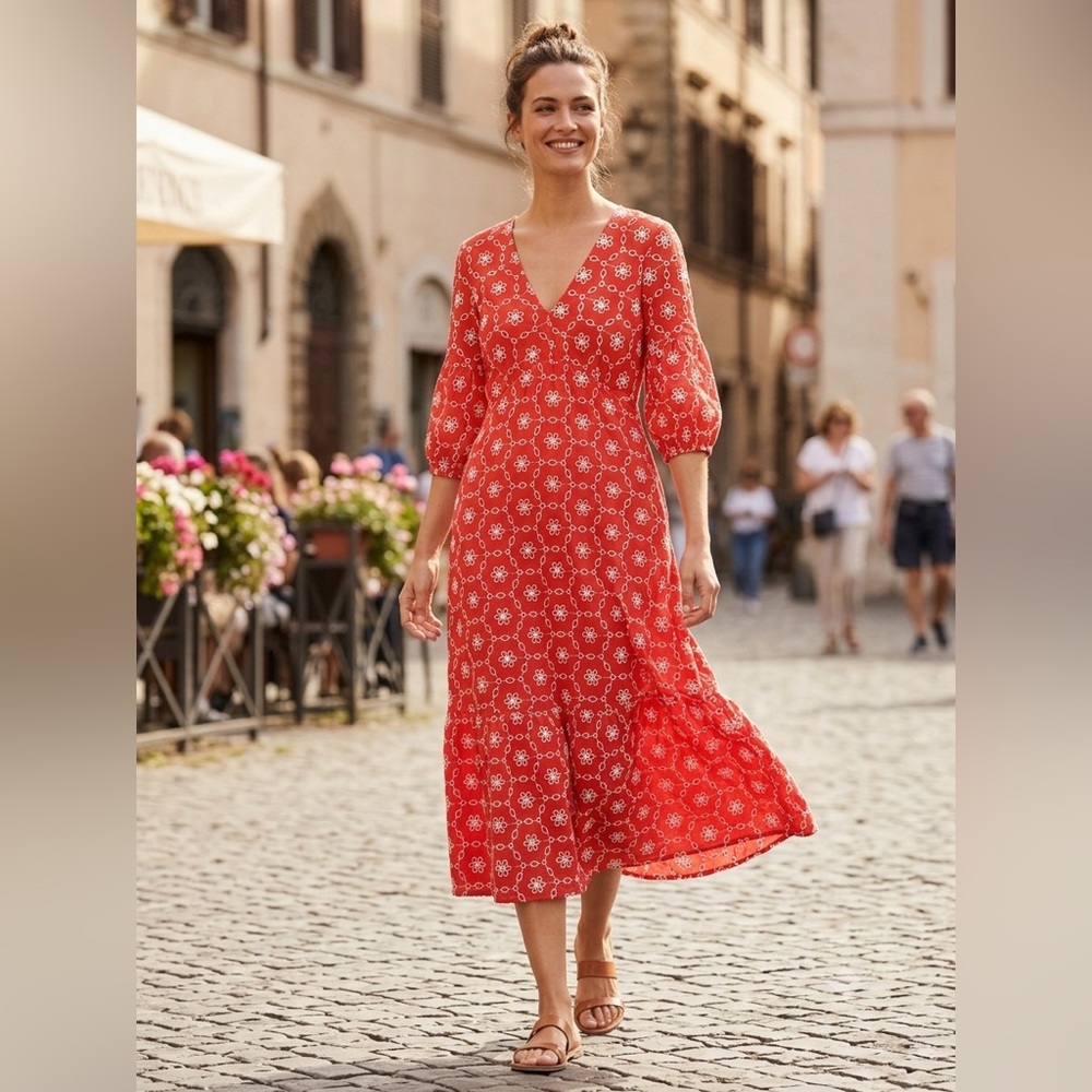 Nado Embroidered Eyelet Vibrant Orange Red V-Neck Puff Sleeve MIDI Maxi Medium